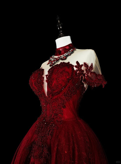 Robes de bal vintage, col ras du cou, bordeaux avec perles et dentelle, années 1980, robe de soirée longue N2706