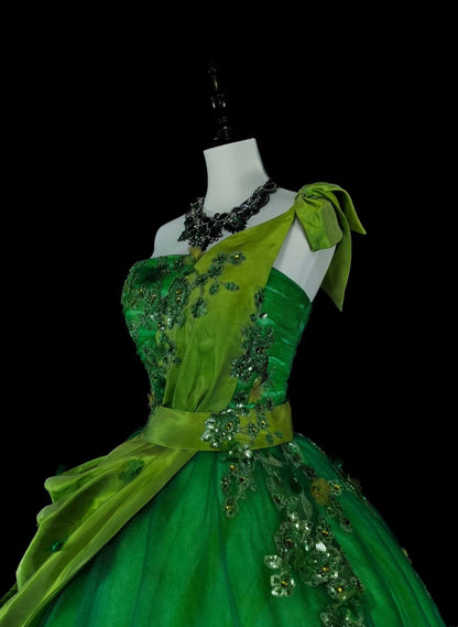 Robe de bal vintage asymétrique en tulle vert à volants, robe de quinceañera longue, taille 15, modèle N1463