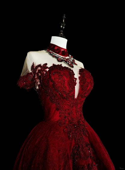 Robes de bal vintage, col ras du cou, bordeaux avec perles et dentelle, années 1980, robe de soirée longue N2706