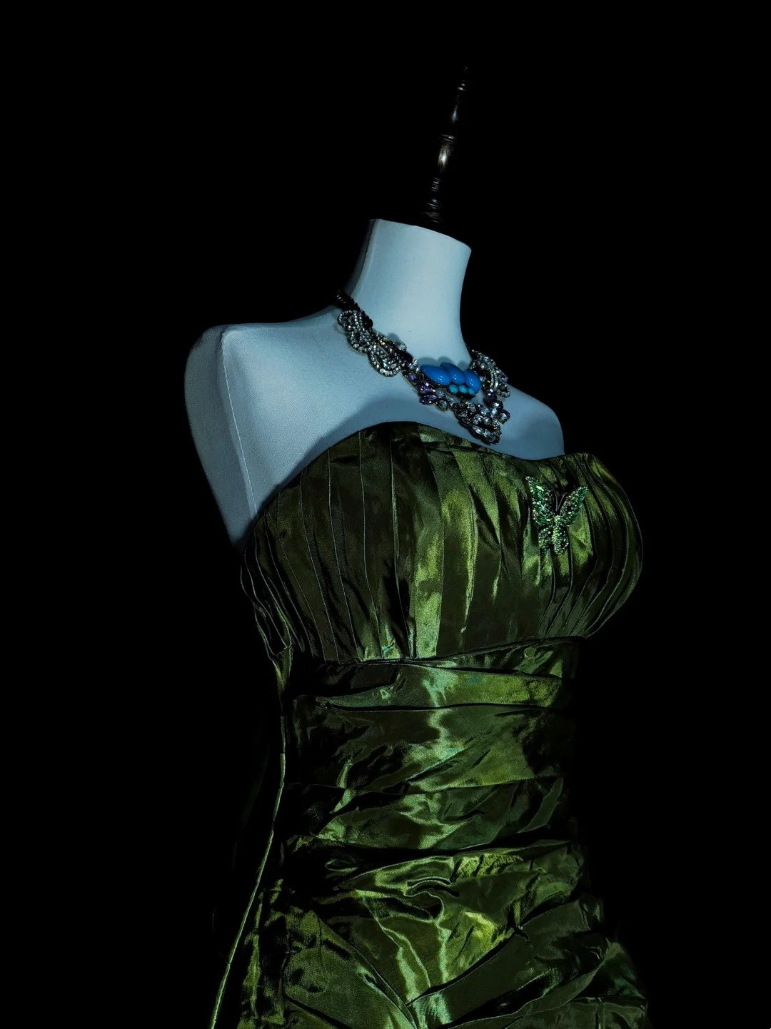 Robe de bal sirène vintage sans bretelles en satin vert olive, sans manches, années 80, longue robe de soirée formelle N1497