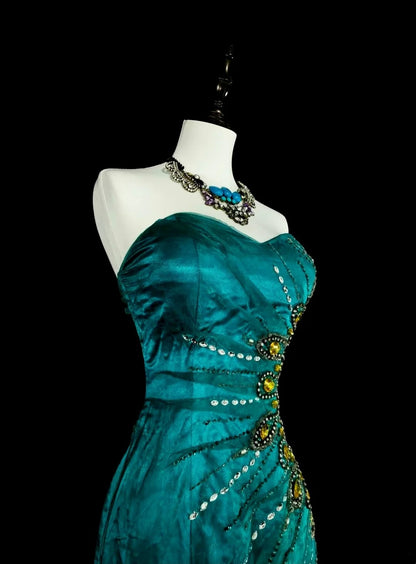 Esthétique des robes de bal vintage Robe longue de soirée sirène rétro en satin vert des années 1970 N2150