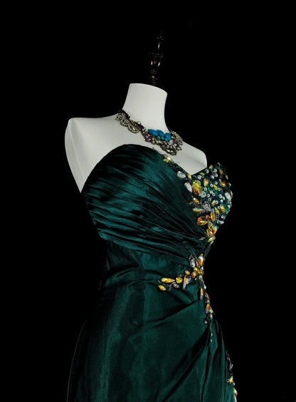Robe de bal vintage sirène bustier cœur vert foncé satin sans manches années 90, inspiration années 90, robe de soirée longue et élégante N1498
