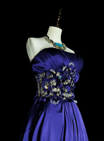 Robe de bal vintage années 90, coupe trapèze, sans bretelles, en satin bleu roi, sans manches, inspiration années 90, robe de soirée longue et élégante N1499