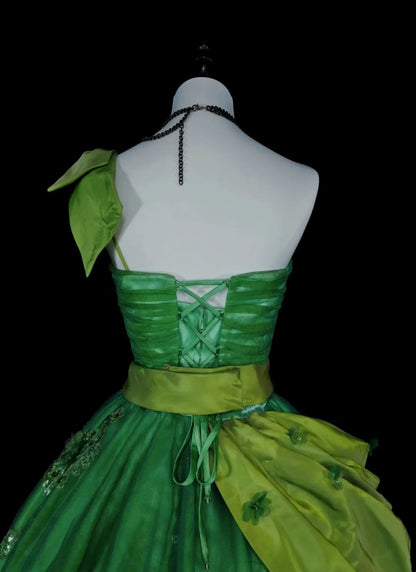 Robe de bal vintage asymétrique en tulle vert à volants, robe de quinceañera longue, taille 15, modèle N1463