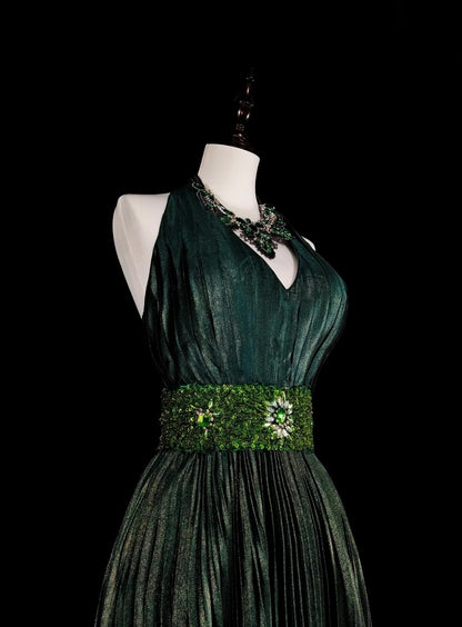 Robe de bal longue vintage années 80, plissée, sans manches, coupe trapèze, dos nu, ornée de perles, N1465