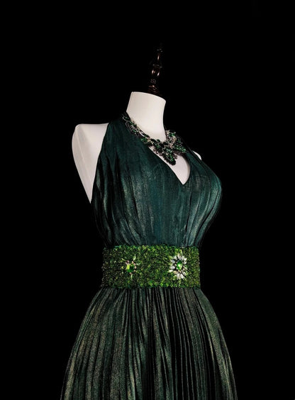 Vintage 1760er Jahre A-Linien-Halterkleid, dunkelgrün, ärmellos, plissiert, langes Ballkleid N1579