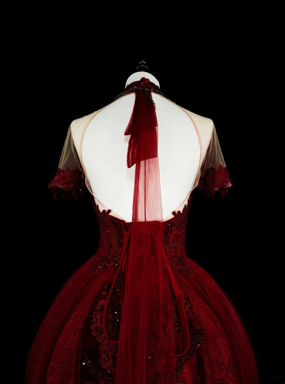 Robes de bal vintage, col ras du cou, bordeaux avec perles et dentelle, années 1980, robe de soirée longue N2706