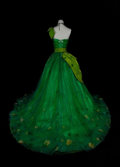 Robe de bal vintage asymétrique en tulle vert à volants, robe de quinceañera longue, taille 15, modèle N1463