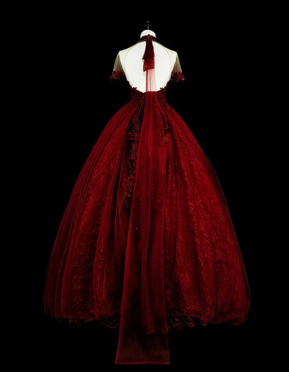 Robes de bal vintage, col ras du cou, bordeaux avec perles et dentelle, années 1980, robe de soirée longue N2706