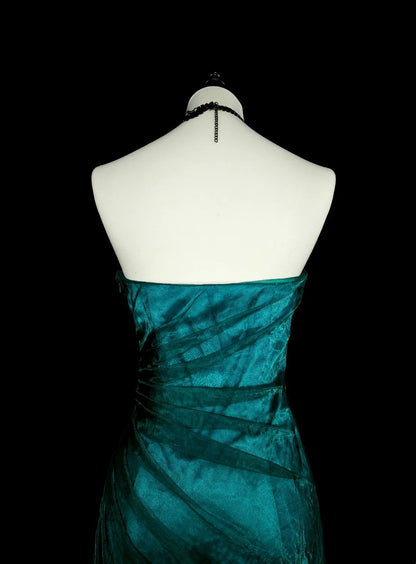 Esthétique des robes de bal vintage Robe longue de soirée sirène rétro en satin vert des années 1970 N2150
