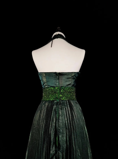Vintage 1760er Jahre A-Linien-Halterkleid, dunkelgrün, ärmellos, plissiert, langes Ballkleid N1579