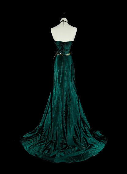 Robe de bal vintage sirène bustier cœur vert foncé satin sans manches années 90, inspiration années 90, robe de soirée longue et élégante N1498