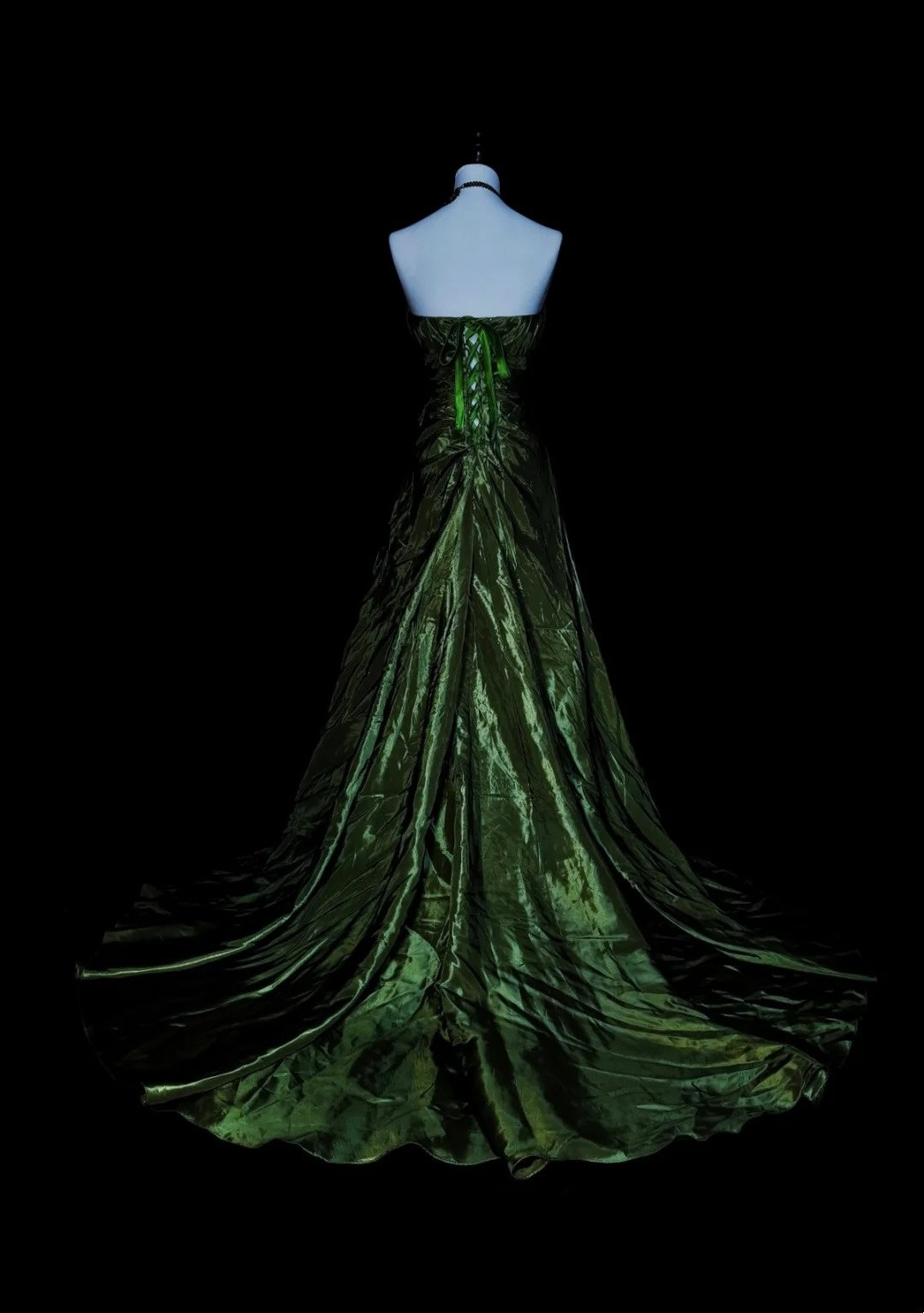 Robe de bal sirène vintage sans bretelles en satin vert olive, sans manches, années 80, longue robe de soirée formelle N1497
