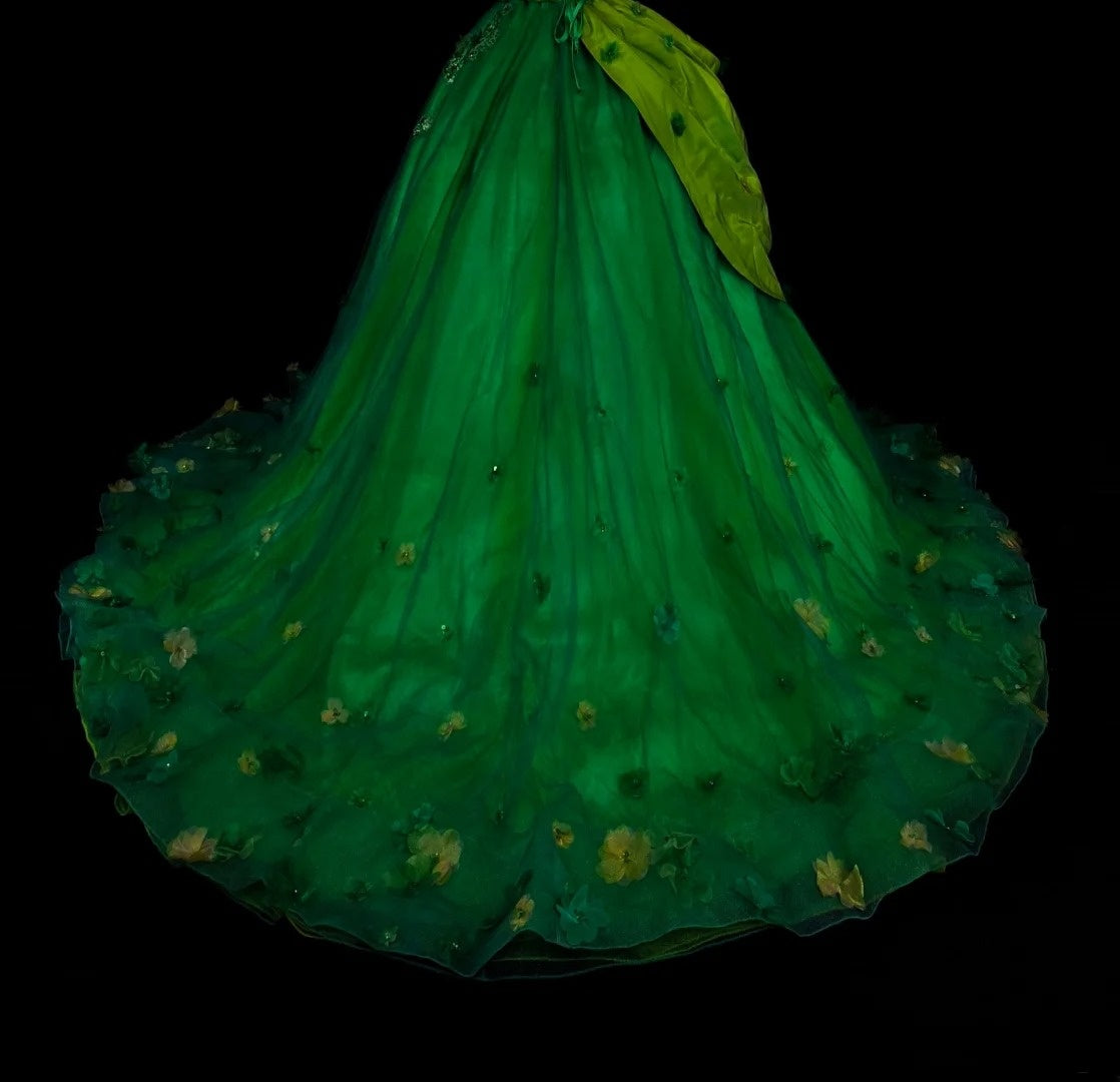 Robe de bal vintage asymétrique en tulle vert à volants, robe de quinceañera longue, taille 15, modèle N1463