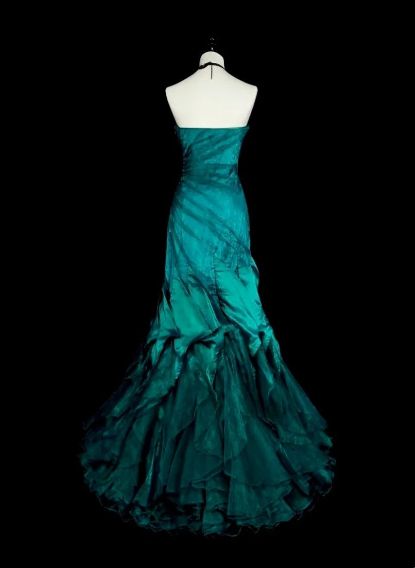 Esthétique des robes de bal vintage Robe longue de soirée sirène rétro en satin vert des années 1970 N2150