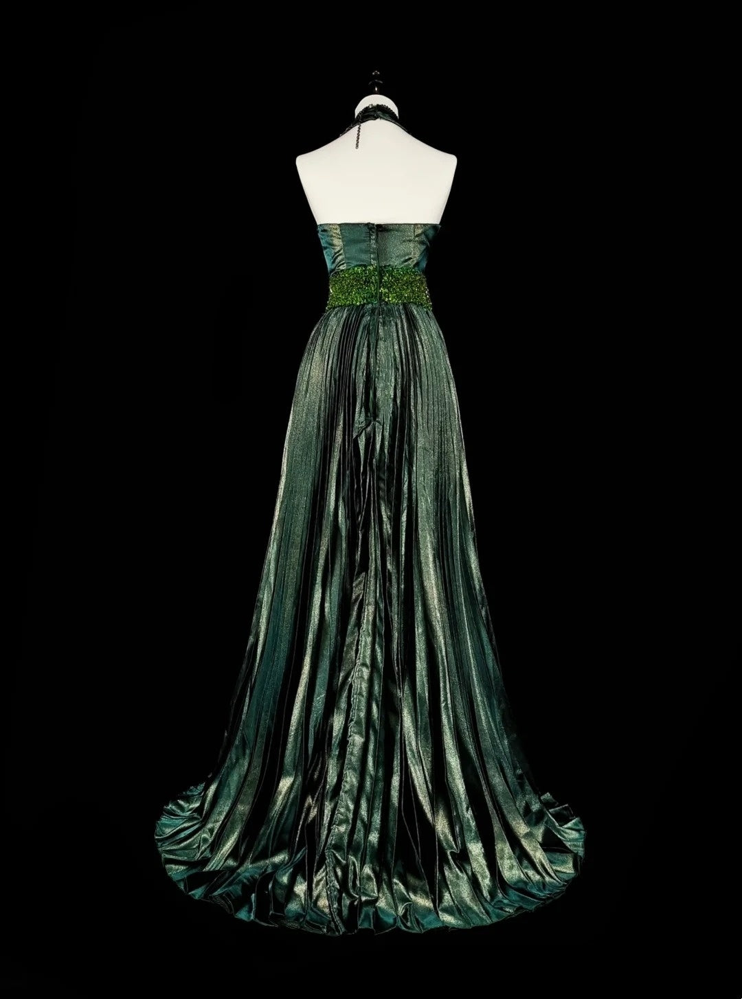 Vintage 1760er Jahre A-Linien-Halterkleid, dunkelgrün, ärmellos, plissiert, langes Ballkleid N1579