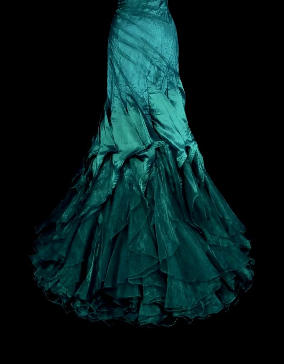 Esthétique des robes de bal vintage Robe longue de soirée sirène rétro en satin vert des années 1970 N2150