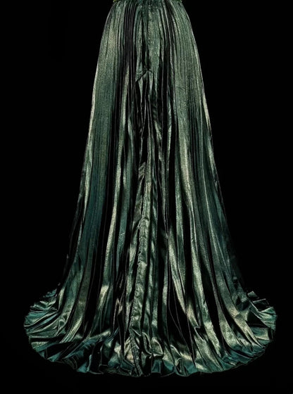 Vintage 1760er Jahre A-Linien-Halterkleid, dunkelgrün, ärmellos, plissiert, langes Ballkleid N1579