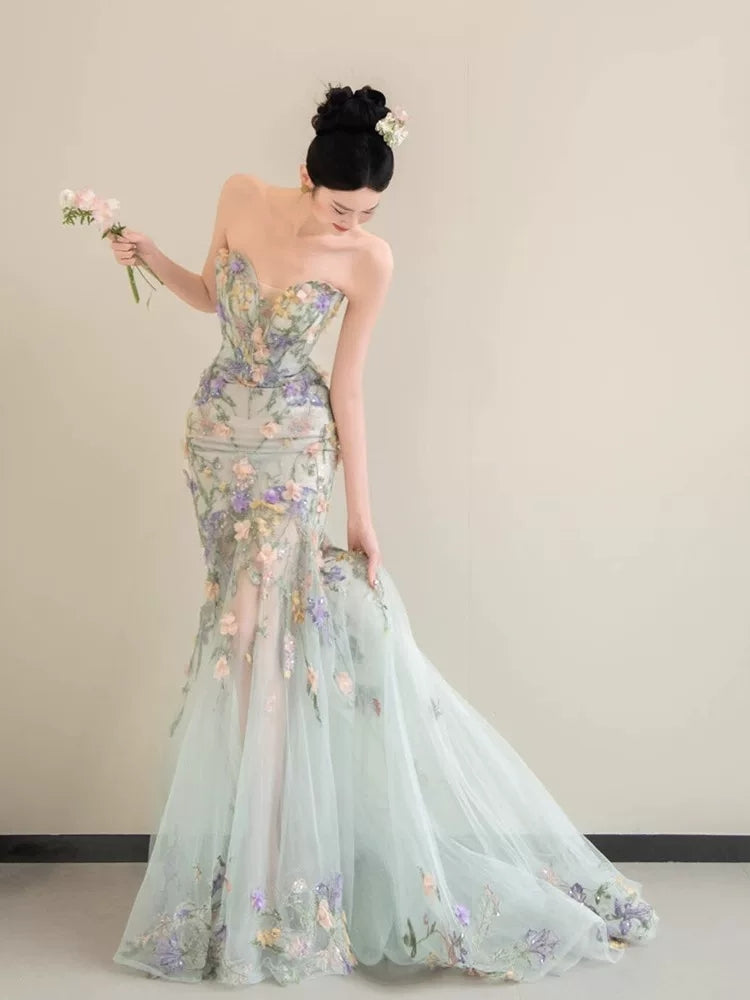 Prinzessin Meerjungfrauen-Abendkleid mit herzförmigem Ausschnitt, Spitze und Blumenmuster, langes Ballkleid, modische Ästhetik für Teenager, formelle Kleider, Party-Outfits, Ballkleid AB2221