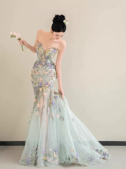Prinzessin Meerjungfrauen-Abendkleid mit herzförmigem Ausschnitt, Spitze und Blumenmuster, langes Ballkleid, modische Ästhetik für Teenager, formelle Kleider, Party-Outfits, Ballkleid AB2221