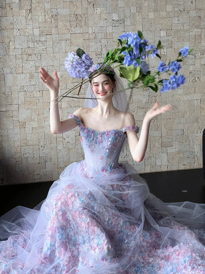Robe de bal princesse à col carré, dentelle lilas à motifs floraux, longue, style tendance pour adolescentes, robe de soirée, tenue de bal AB2222
