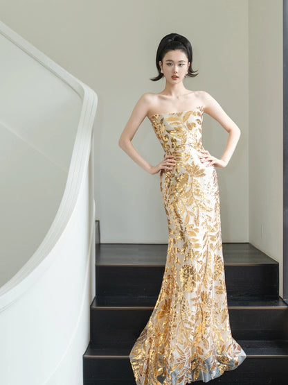 Robe de bal sirène dorée sans bretelles à paillettes, inspiration pour une longue soirée, tenue pour un 18e anniversaire AB2220