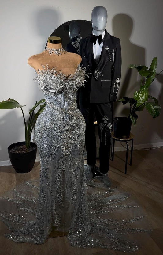 Glitzerndes Meerjungfrauen-Abendkleid mit Herzausschnitt, silberfarben, paillettenbesetzt, perlenbesetzt, Kristalle, langes formelles Abendkleid N811