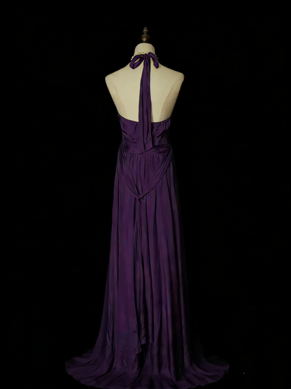 Robe de bal longue violette style années 80, coupe trapèze, col en V, pour lycéennes (N1330)