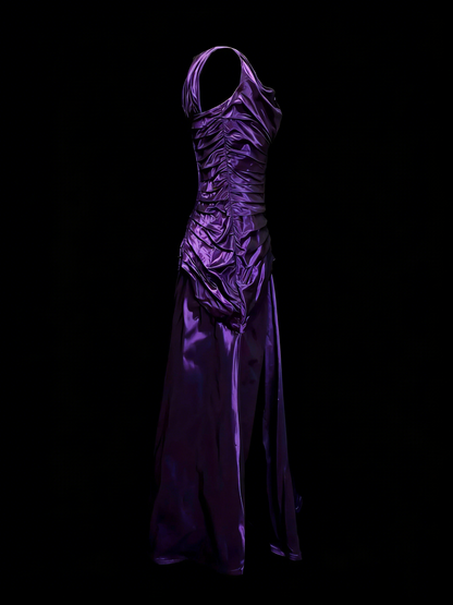 Robe de bal longue de soirée vintage violette à col carré et sans manches, style sirène années 90, ornée de volants (N1387)