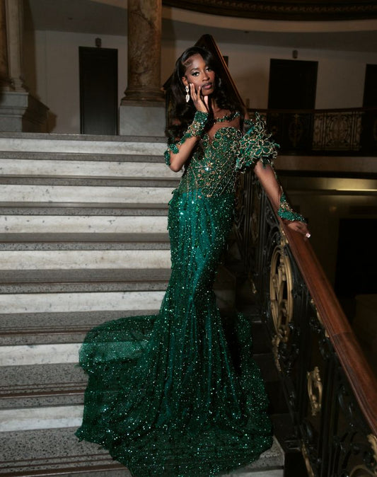 Extravagant Mermaid Sweetheart Dark Green Sequin With Beads Long Sleeves Long Prom Dresses Long Formal Dress RB3843