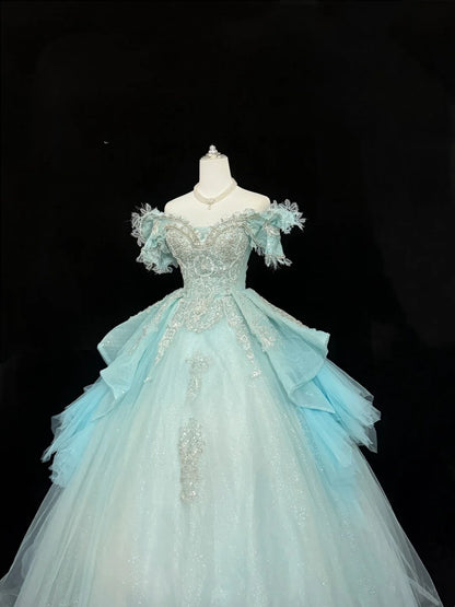 Sweet 15 Quinceanera Dress Ball Gown Off Shoulder Blue With Lace Appliques Tulle 15th Birthday Gown RC0261
