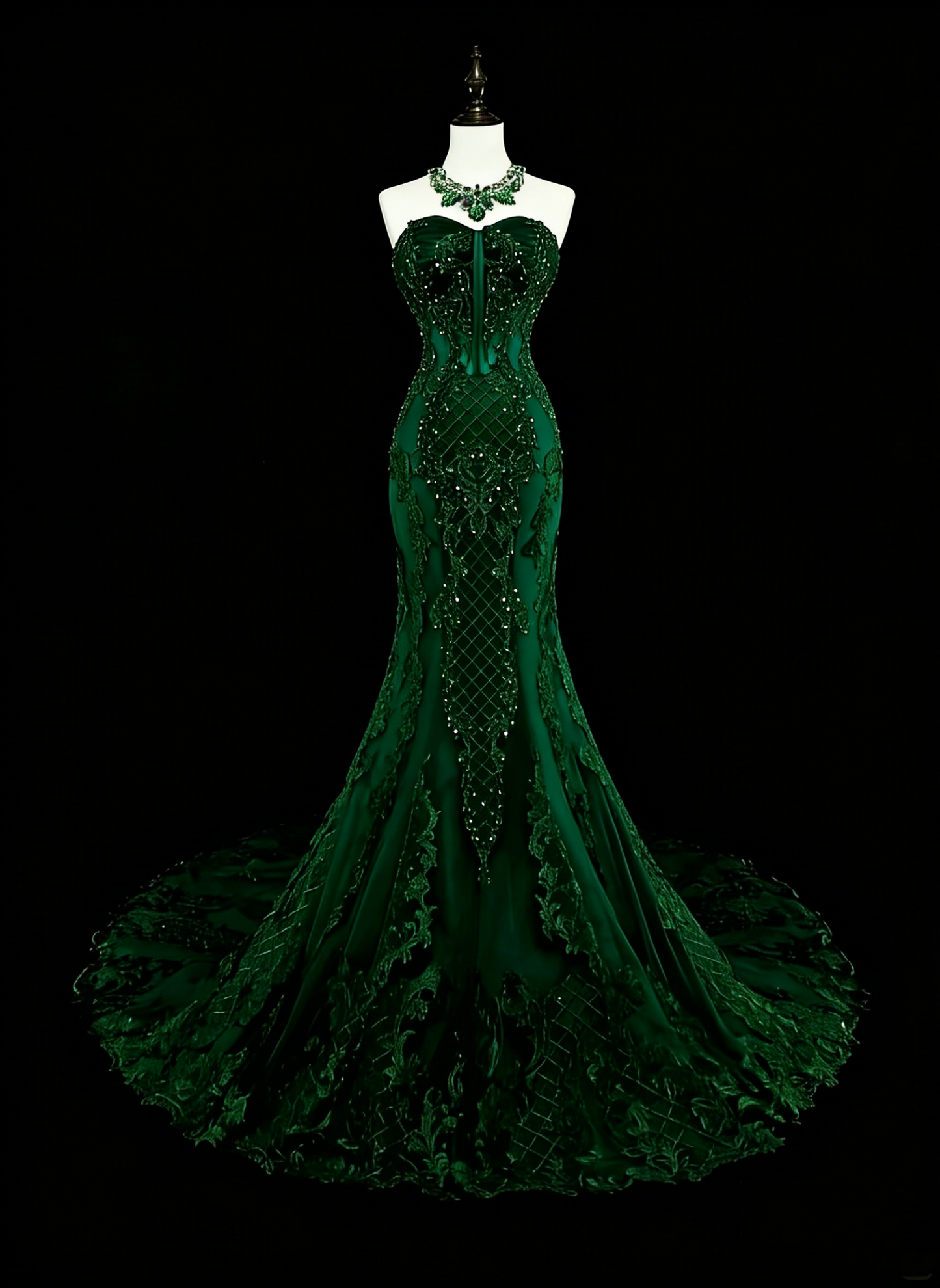 Vintage Meerjungfrauen-Abendkleid aus den 1960er Jahren, dunkelgrün mit Kristallverzierungen, ärmellos, lang, elegant, mit Herzausschnitt, N1593