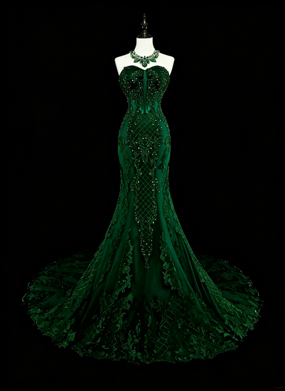 Vintage Meerjungfrauen-Abendkleid aus den 1960er Jahren, dunkelgrün mit Kristallverzierungen, ärmellos, lang, elegant, mit Herzausschnitt, N1593