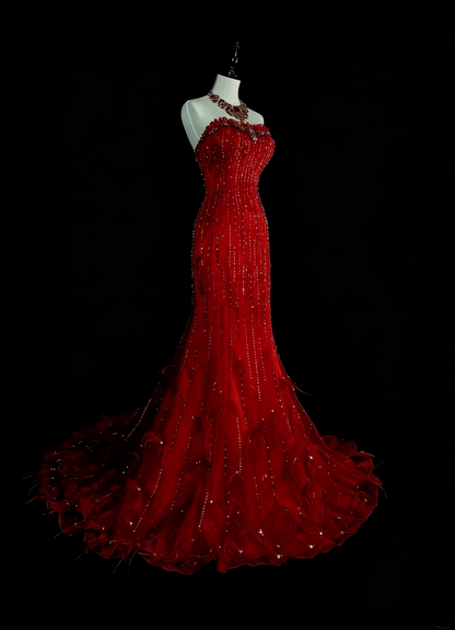 Robe de bal longue rouge sirène bustier vintage années 2000 avec perles argentées N1356