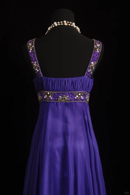 Vintage A line Square Neck Purple With Beading Chiffon Floor Length Prom Dresses Inspo Evening Outfits RB4342