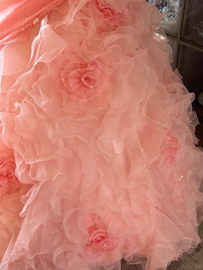Vintage Ball Gown Spaghetti Straps Pink With Layers Tiered Sweet 16 Dresses Quinceanera Dress Long 15 Vestidos De Fiesta N2263