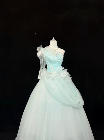 Sweet 16 Dresses Long Ball Gown Sweet Sixteen Long Birthday Dress One Shoulder Blue Tulle Formal Gown RC0292