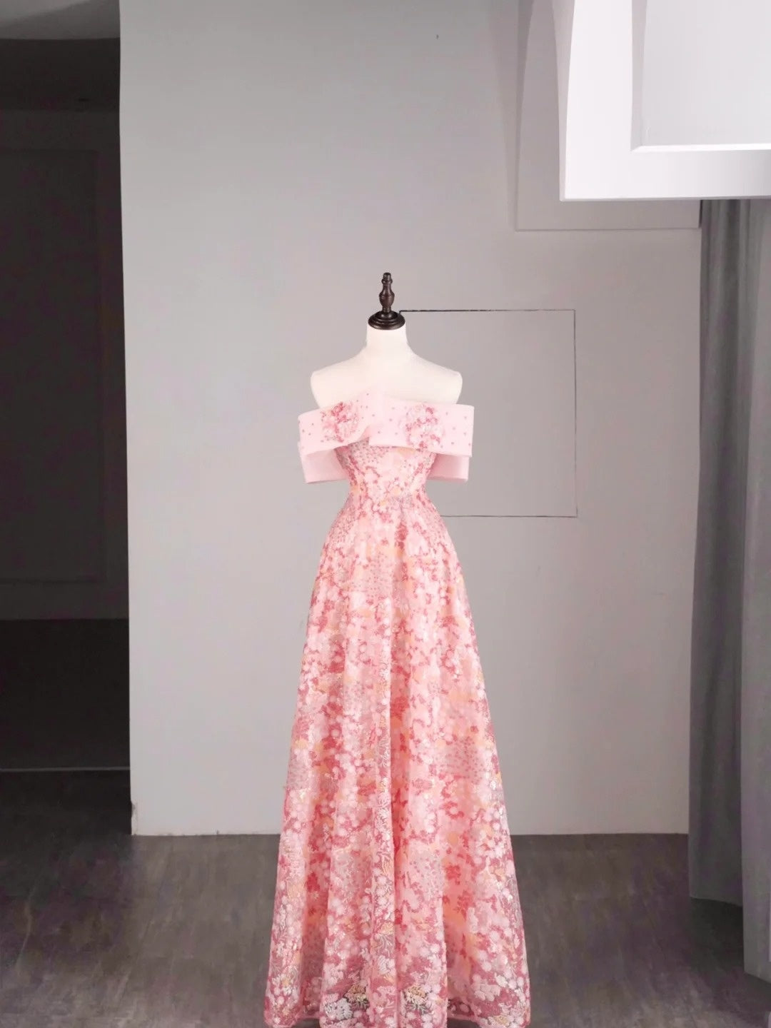 Robe de bal longue rose à sequins, élégante, coupe trapèze, épaules dénudées, pour adolescentes - Tenue de soirée formelle N1079