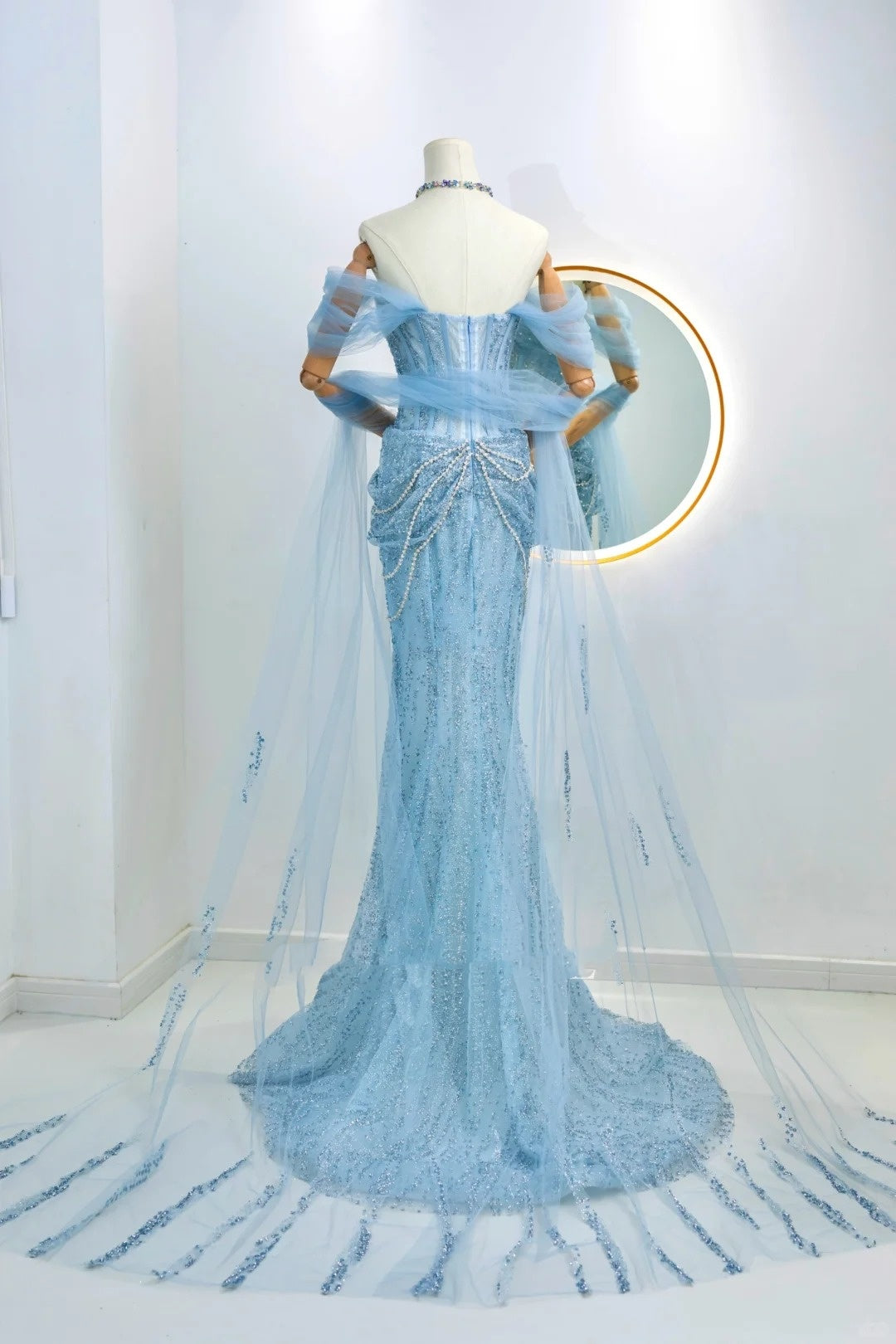 Robe de soirée longue sirène scintillante bleu à paillettes avec épaules dénudées, tenue d'anniversaire, robe de bal de promo N2842