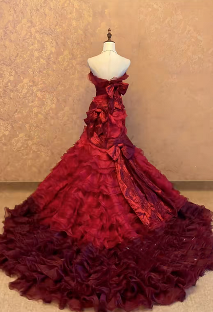 Burgundy Prom Dress Inspo Mermaid Strapless With Tiered Tulle Modest Long Formal Party Gown RC0032
