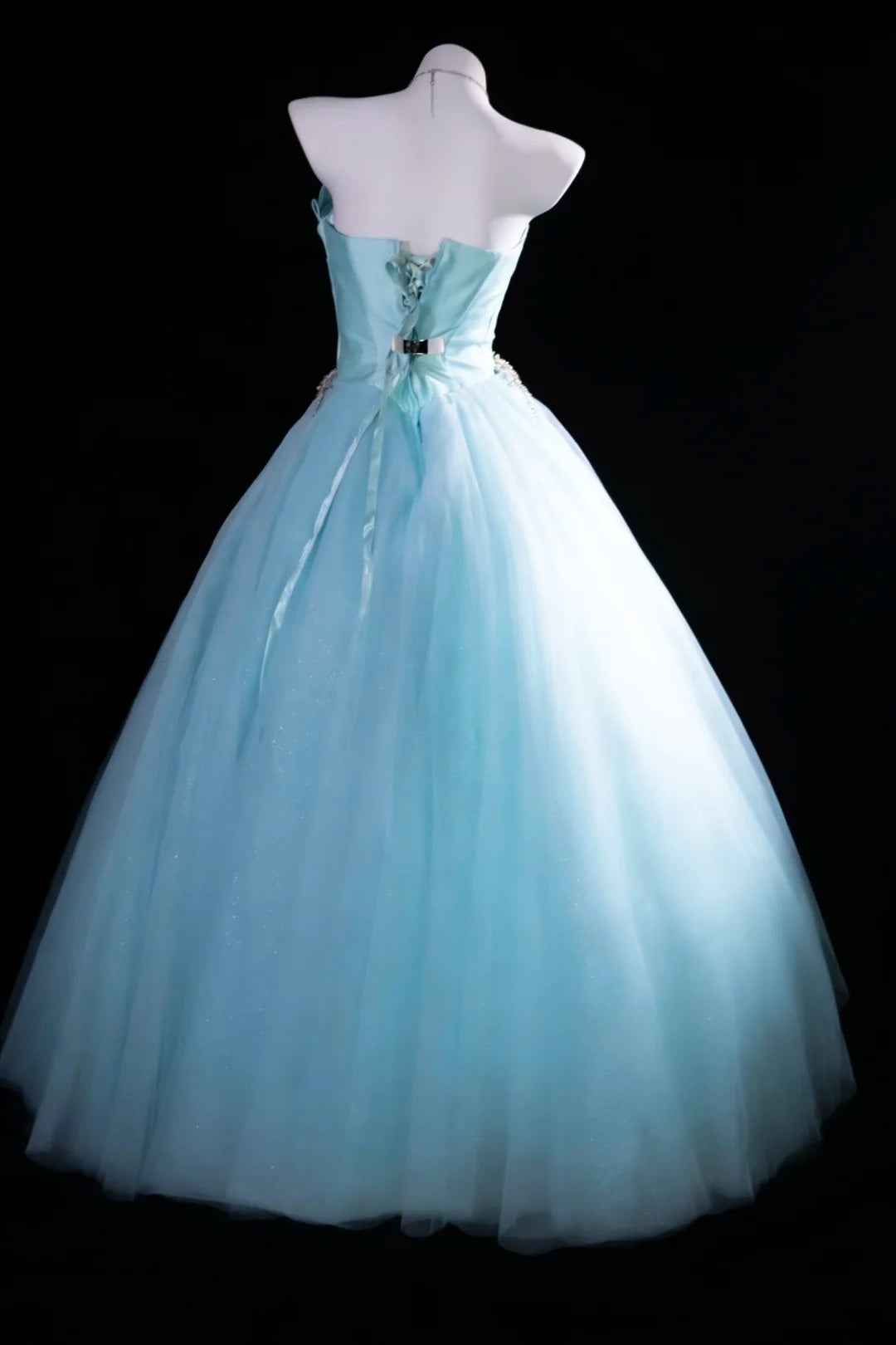 Modest Prom Dresses Ball Gown Strapless Light Sky Blue Tulle With Beading Long Quince Dress N2971
