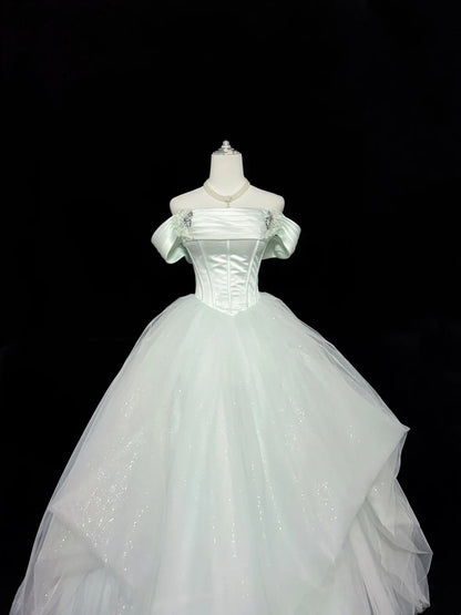 Prom Dress Long Floor Length Ball Gown Off Shoulder Tulle Sage Green With Sleeves Formal Evening Gown For Women RC0305