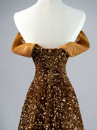 Robe de bal longue à sequins, coupe trapèze, épaules dénudées, style sage, idéale pour les jeunes filles (N1167)