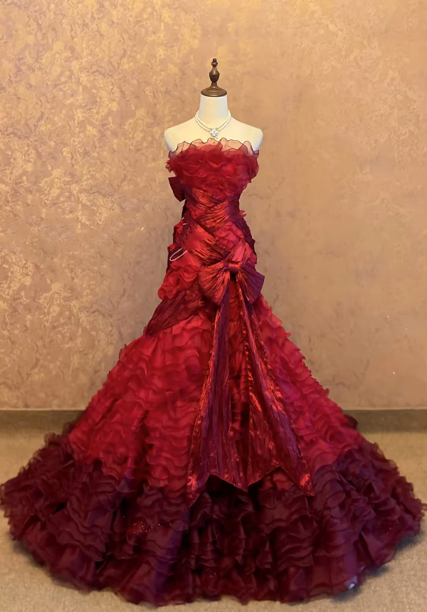Burgundy Prom Dress Inspo Mermaid Strapless With Tiered Tulle Modest Long Formal Party Gown RC0032