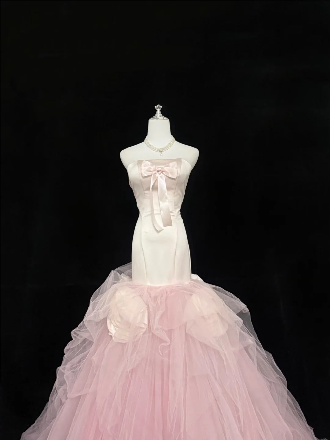 Prom Dress Long Floor Length Mermaid Strapless Tulle Pink With Flowers Formal Evening Gown For Women RC0322