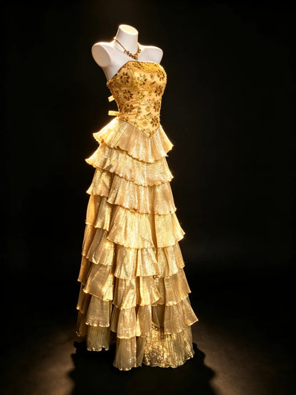 Robe de soirée bustier modeste, dorée à volants étagés, pour bal de promo ou rendez-vous galant N4475