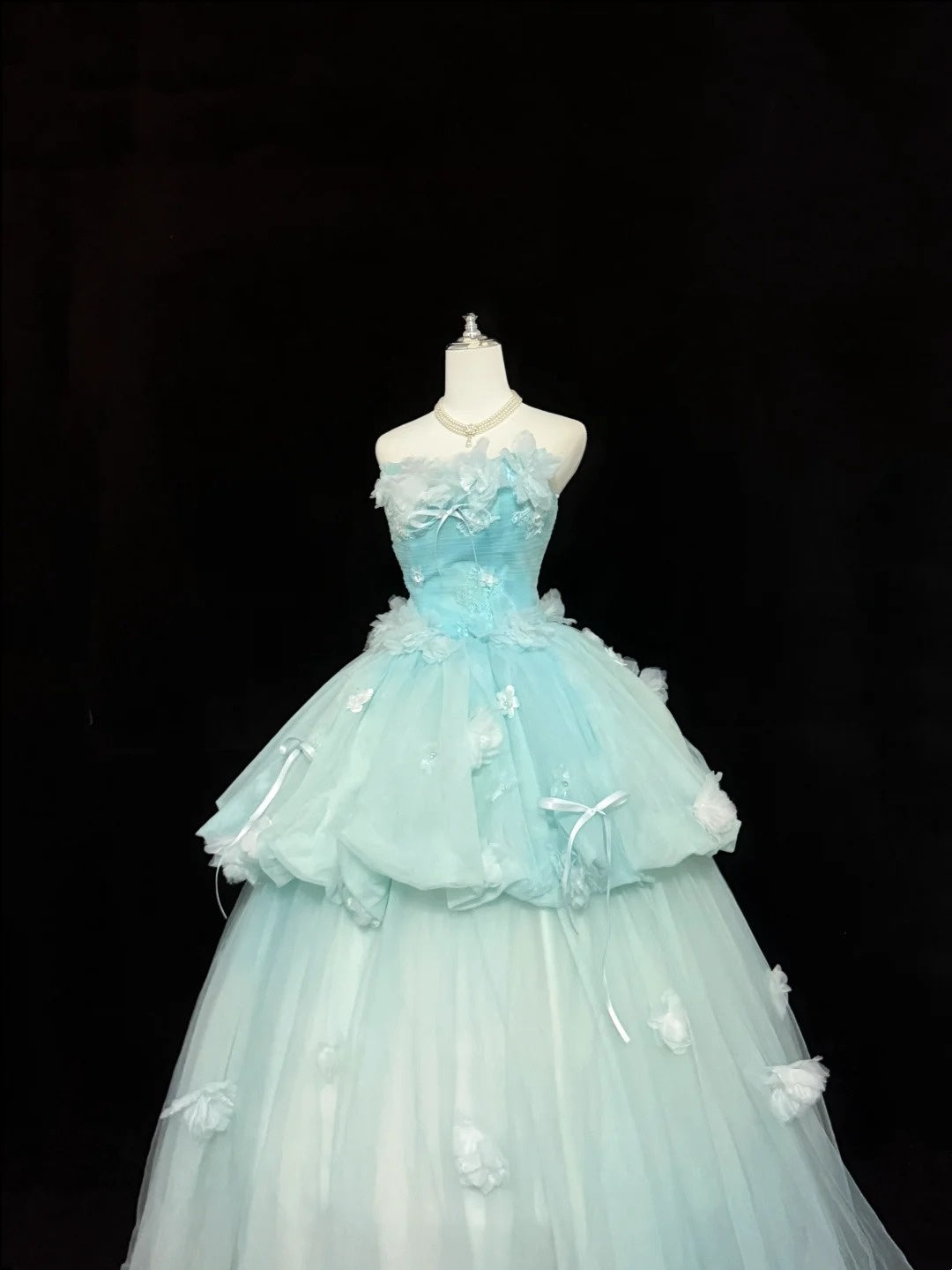 Sweet 16 Kleider langes Ballkleid Sweet Sixteen langes Geburtstagskleid trägerloses blaues Tüll-Abendkleid RC0321