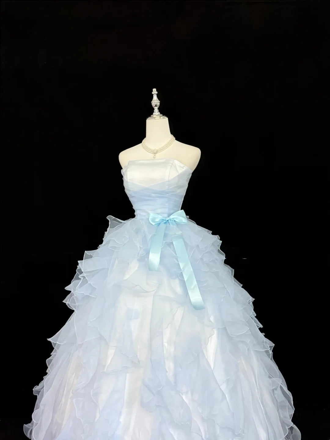 Light Sky Blue Prom Dress Long Floor Length Ball Gown Strapless With Tiered Layers Formal Evening Gown For Women RC0227