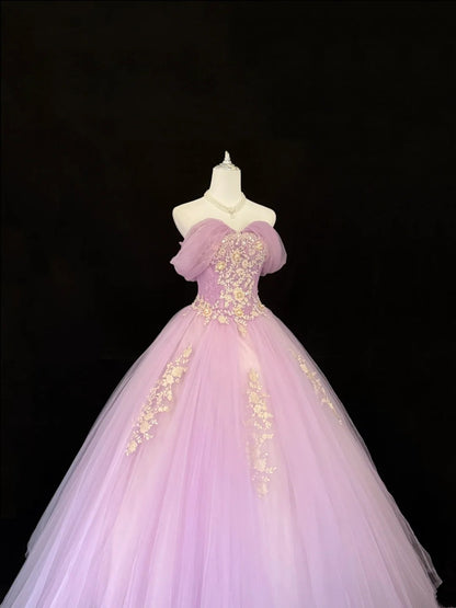 Tulle Prom Dress Long Floor Length Ball Gown Off Shoulder Lilac With Sleeves Lace Formal Evening Gown For Women RC0266
