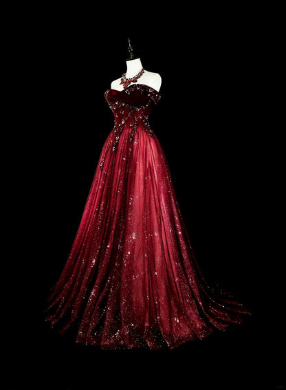 Robe de bal longue bordeaux à épaules dénudées, coupe trapèze et paillettes, ornée d'appliqués, référence N1777